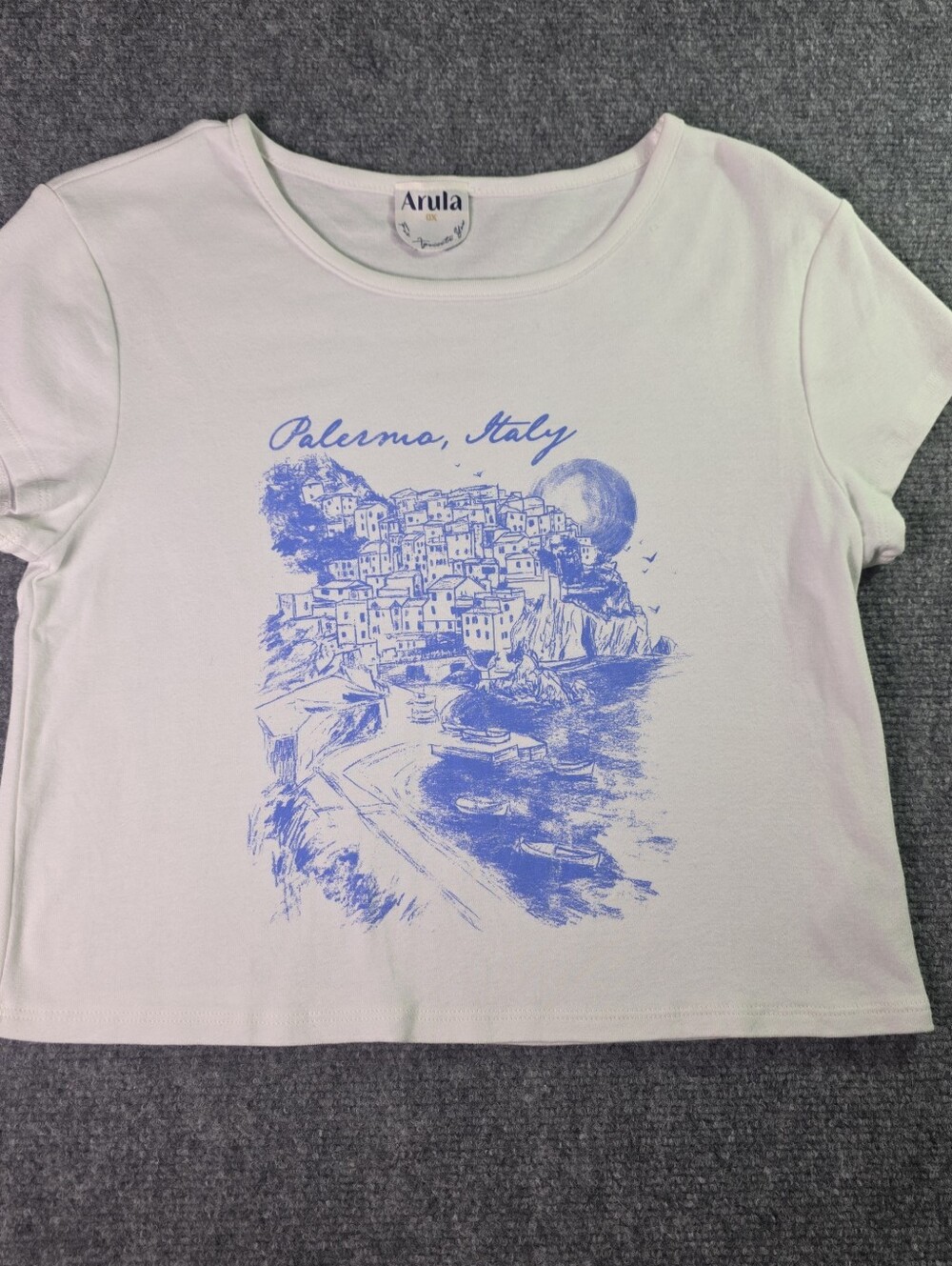 ARULA White Tee with Blue Palermo Italy Graphic Cotton Crop Top Baby Doll